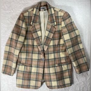 White Stag Plaid Wool Blend Blazer women Pastel Pink/Cream/gray plus Size 14